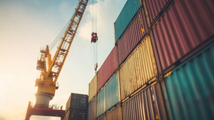 Poster - A large crane lifts a shipping container at sunset.