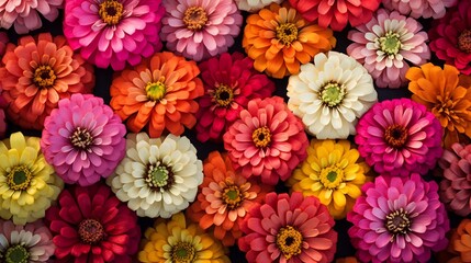 Wall Mural - Vibrant zinnia flowers in a range of red pink yellow and orange hues blooming together in a colorful and lush garden display