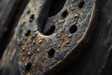 Aufkleber - Close-up of two rusty, metallic, horseshoe-shaped objects with holes and rivets affixed to dark wood.