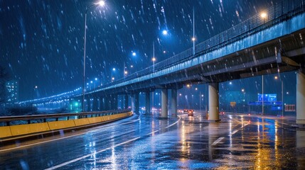 Aufkleber - Night highway underpass in heavy rain.