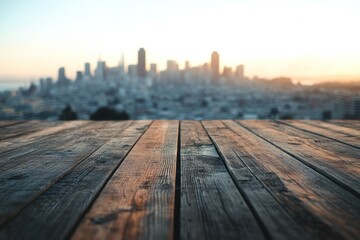 Poster - Wooden platform overlooking a blurred cityscape at sunrise.