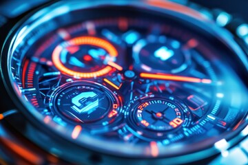 Poster - Close-up of a futuristic wristwatch with illuminated dials and intricate details.