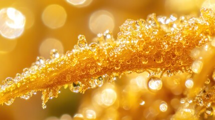 Sticker - Close-up of a dew-covered, golden plant stem with bokeh background.