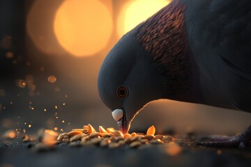 Aufkleber - Close-up of a pigeon eating seeds at sunset, illuminated by warm light.