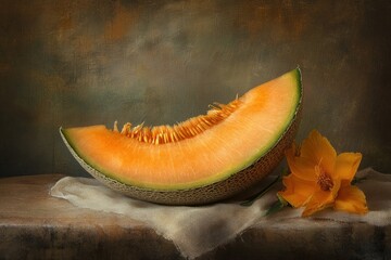 Poster - Still life of cantaloupe melon slice and orange flower on rustic wooden surface.