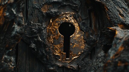 Poster - Close-up of an old, weathered keyhole on a dark, textured wooden surface.