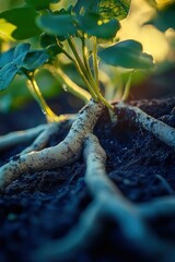Poster - Close-up of plant roots in dark soil with green leaves and sunlight.