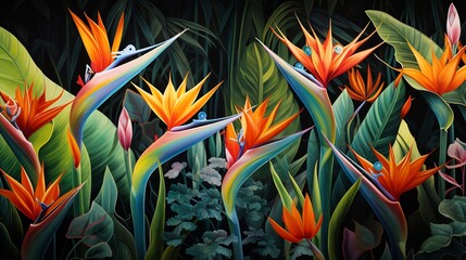 Wall Mural - Captivating tropical garden scene featuring a vibrant display of colorful bird of paradise flowers surrounded by lush verdant foliage and greenery