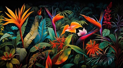 Wall Mural - Lush and Vibrant Tropical Garden Showcasing Colorful Bird of Paradise Flowers Amidst Lush Green Foliage and Verdant Vegetation