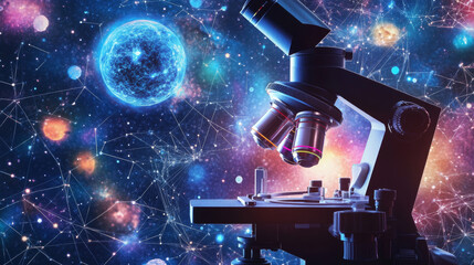 Poster - abstract image of a microscope in the form of a starry sky or space, consisting of points, lines, an