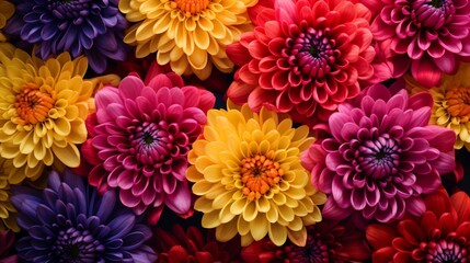 Wall Mural - close up view of beautiful colorful chrysanthemum flowers in bright red yellow and purple hues showcasing the delicate petals intricate details and natural textures of this classic autumn blossom