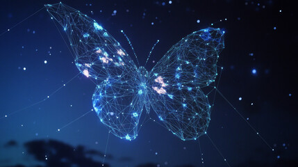 Poster - Butterfly composed of polygon. Low poly vector illustration of a starry sky or Comos. The digital flyer consists of lines, dots and shapes. Wireframe technology light connection structure.