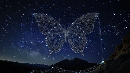 Poster - Butterfly composed of polygon. Low poly vector illustration of a starry sky or Comos. The digital flyer consists of lines, dots and shapes. Wireframe technology light connection structure.