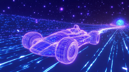 Poster - High speed concept. Sport car in the form of a starry sky or space, consisting of points, lines, and shapes in the form of planets, stars and the universe. Fast vector wireframe concept. Blue purple