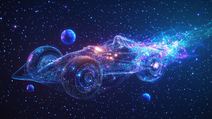 Poster - High speed concept. Sport car in the form of a starry sky or space, consisting of points, lines, and shapes in the form of planets, stars and the universe. Fast vector wireframe concept. Blue purple