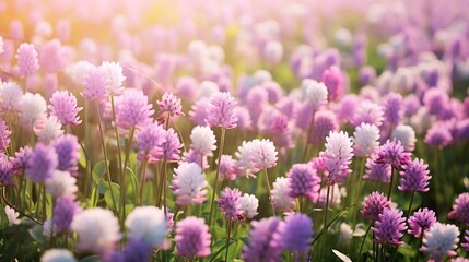 Wall Mural - Captivating field of lush mixed clover flowers in a spectrum of purple pink and white hues surrounded by verdant green grass under a soft natural lighting  A serene beautiful