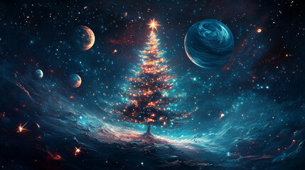 Poster - abstract image of a christmas tree in the form of a starry sky or space, consisting of points, lines