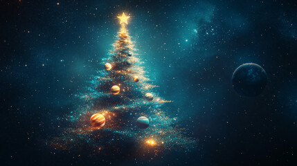 Poster - abstract image of a christmas tree in the form of a starry sky or space, consisting of points, lines