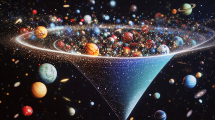 Poster - Abstract image of a funnel in the form of a starry sky or space, consisting of points, lines, and shapes in the form of planets, stars and the universe. Vector big data or sales funnel concept.