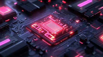 Poster - AI Computer chip in abstract digital hand. Artificial Intelligence innovation concept. Tech background. CPU chip in top view with AI letters light blue hologram. 3D semiconductor. Vector illustration.