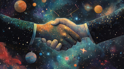 Poster - abstract image of brotherly handshake in the form of a starry sky or space, consisting of points, li