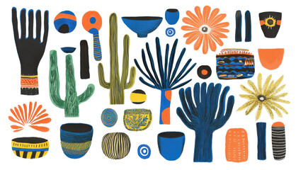 Poster - Vibrant art display of cacti and decorative objects creative studio graphic design colorful environment overhead view