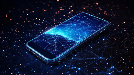 Poster - phone in a hand. abstract low-poly wireframe vector technology illustration. starry sky and cosmos s