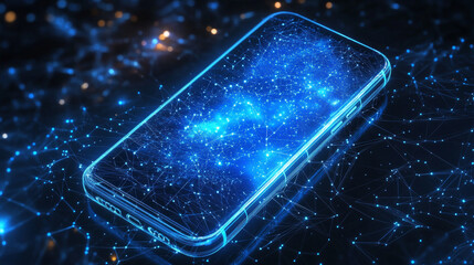 Poster - phone in a hand. abstract low-poly wireframe vector technology illustration. starry sky and cosmos s
