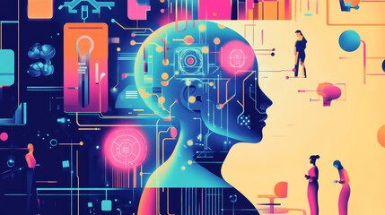 Poster - Abstract smart artificial intelligence digital futuristic technology face with brain wireframe blue concept ai humanoid head virtual neural network.