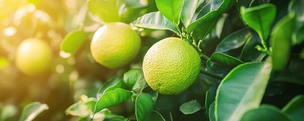 Poster - Green lemons growing on tree branch in a citrus grove during a sunny day