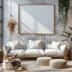 Poster - A horizontal blank frame displayed in a modern light living room with minimalist decor, soft pastel grey tones, and studio lighting.
