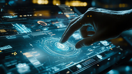 Poster - abstract technology ui futuristic concept fingerprint hud interface hologram elements of digital data chart, communication, computing and circle percent innovation on hi tech future design background