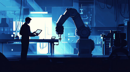 Poster - Abstract polygonal engineer holding tablet and controlling robotic arm and robotic tool. Smart technology manufacturing process in dark blue. Vector image of industrial technology, automation concept
