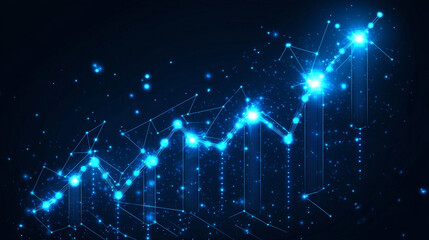 Poster - Abstract 3d growth chart in dark blue. Business, financial, analytics concept. Digital vector monochrome graph with connected dots, lines and shapes. Low poly diagram wireframe looks like starry sky
