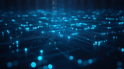 Poster - Abstract digital circuit board on technology blue background. Circuit connected lines and dots on abstract motherboard. Navy gradient tech bg. AI innovation concept.  Futuristic vector illustration.