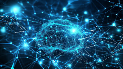 Poster - Abstract digital technology background. Isometric AI chip with AI hologram with circuit tech bg. Connected lines electric lightning. Bright light neon blue quantum CPU processor. Vector illustration.