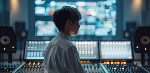 Fototapete - A Chinese media professional operating a control panel at a broadcast production desk, The minimalistic background highlights the advanced technology and precision of the work, modern atmosphere.