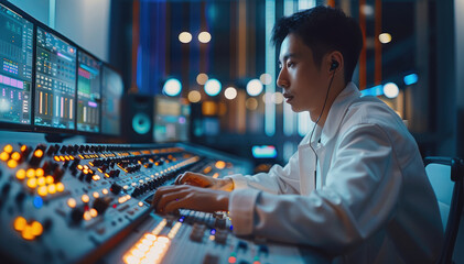 Poster - A Chinese media professional operating a control panel at a broadcast production desk, The minimalistic background highlights the advanced technology and precision of the work, modern atmosphere.