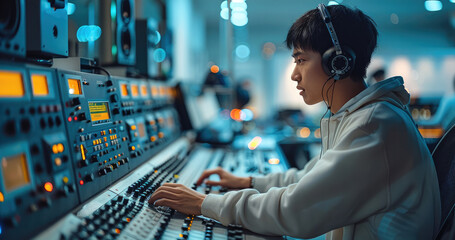 Fototapete - A Chinese media professional operating a control panel at a broadcast production desk, The minimalistic background highlights the advanced technology and precision of the work, modern atmosphere.