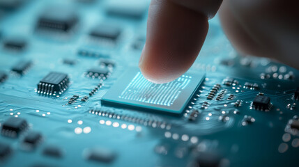 Poster - AI innovation concept.  Abstract digital background. Index human finger presses on a light blue AI chip or processor.  Artificial Intelligence concept. 3D low poly wireframe vector illustration.