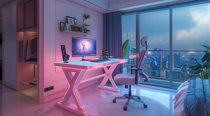 Poster - Gaming desk in the middle of a nerds bedroom with pink and blue aesthetics and the desk has the features to get higher or lower for the user to use in either standing or seated positions.