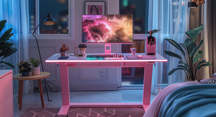 Poster - Gaming desk in the middle of a nerds bedroom with pink and blue aesthetics and the desk has the features to get higher or lower for the user to use in either standing or seated positions.