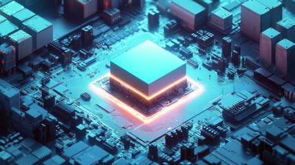 Poster - Brightly glowing AI chip on light circuit board on technology blue background. CPU processor or semiconductor on tech bg. Computer microchip on motherboard. Abstract digital vector illustration.