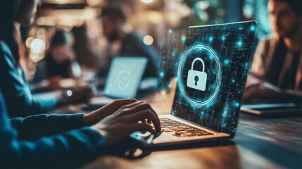 Poster - Abstract technology hexagon digital cyber security privacy information network concept padlock protection digital network internet link on hi tech blue future background