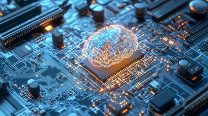 Poster - Brightly glowing AI chip on light circuit board on technology blue background. CPU processor or semiconductor on tech bg. Computer microchip on motherboard. Abstract digital vector illustration.