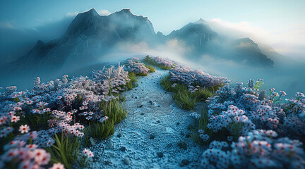 Poster - A field with flowers, walkway, winding path, gravel, summer, naturalness.