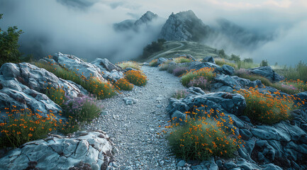 Poster - A field with flowers, walkway, winding path, gravel, summer, naturalness.