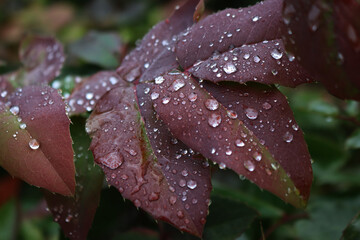 Wall Mural - Raindrops on red leaves of Mahonia aquifolium bush in the garden. Mahonia bush 
