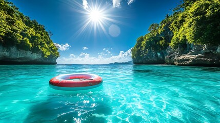Wall Mural - pool raft floating on turquoise water under the bright rays of the sun