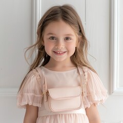 a white girl around 5 years old is wearing a light pink dress and carrying a crossbody bag. she is s